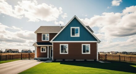Obraz premium Two-story house with blue peak, brown siding, green lawn, under cloudy sky