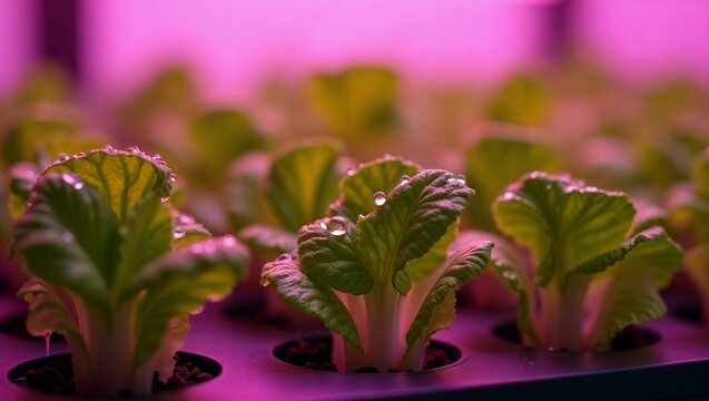 Lush, green hydroponic lettuce seedlings growing under LED lights. Ideal for sustainable agriculture, indoor farming, and healthy food production themes