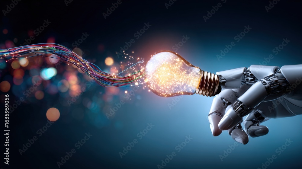 Poster artificial intelligence innovation: robot hand holding glowing lightbulb connecting to data stream, 