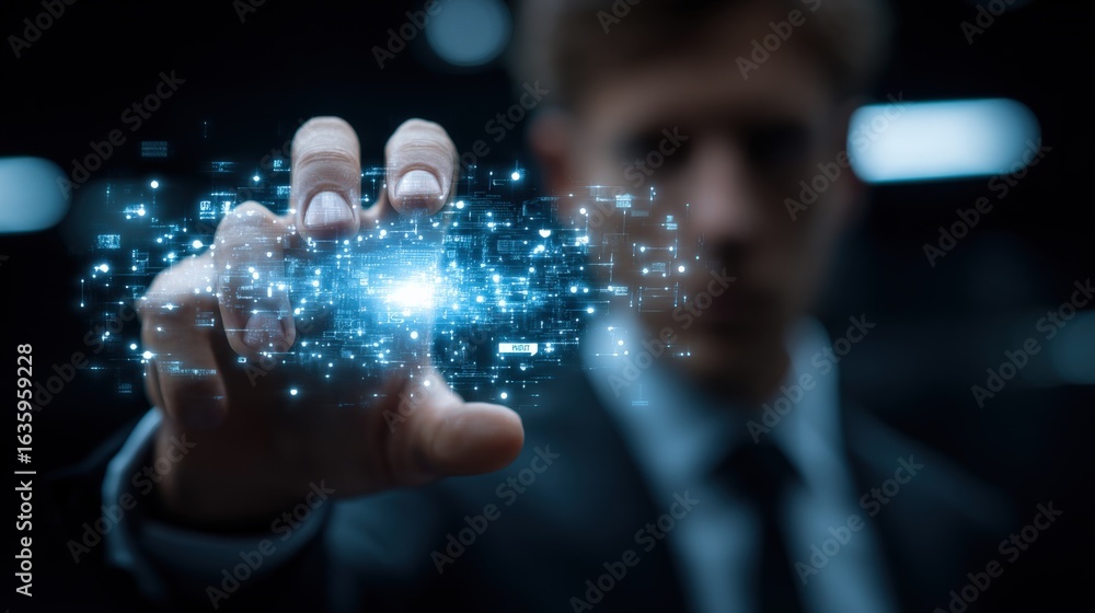 Poster man touches interactive technology with glowing interface, demonstrating digital innovation and mode