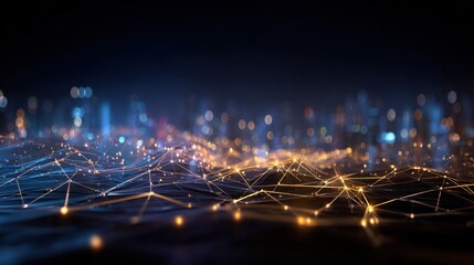 Abstract Technology Background with Glowing Network Connections and Cityscape, Perfect for Digital Innovation and Global Communication