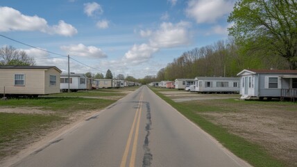 Obraz premium Mobile home park aerial view of trailer park community with road and trees under a blue sky day time scene