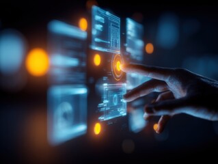 Obraz premium Interactive Touchscreen Interface: Finger Activating Futuristic Technology for Business, Data Analysis, and Modern Solutions