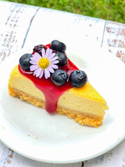 blueberry Cheesecake on a white plate