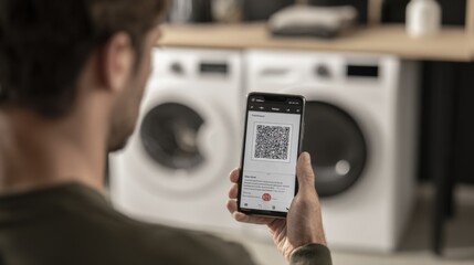 Man scans QR code with phone in laundry room, modern appliances, smart technology integration