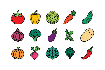 Vegetable Icon Set. Collection of colorful flat outline vector illustrations of fresh organic food.