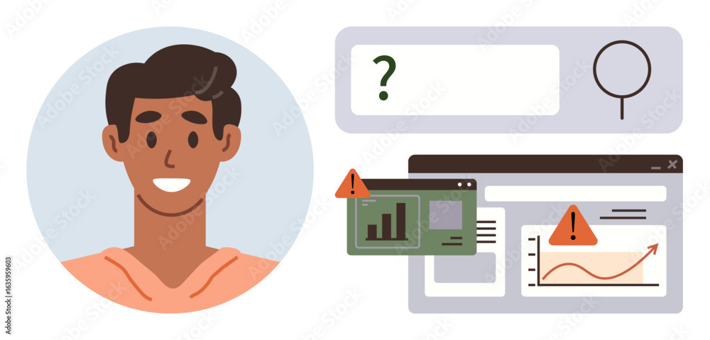 Poster person with puzzled expression beside digital analytics interface featuring alerts, warnings, and se