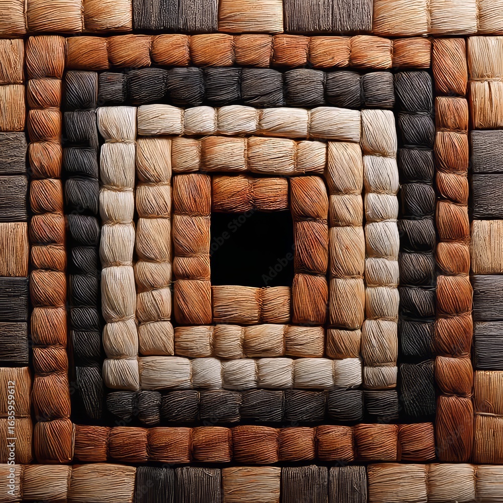 Poster abstract weave pattern with symmetrical tan squares and centered void area featuring textured design