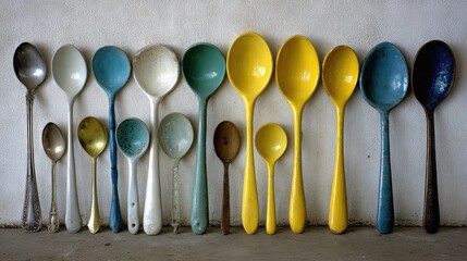 Varied collection of colorful, old, and tarnished spoons arranged linearly