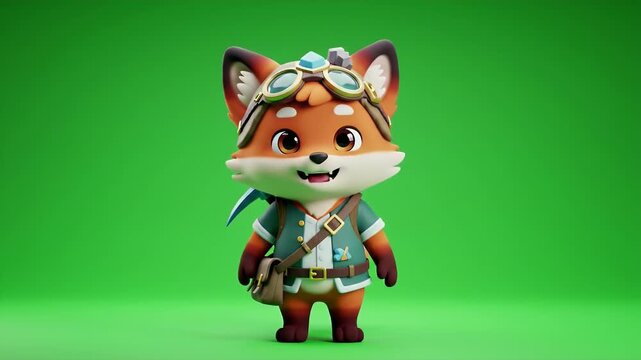 Delightful 3D Animation of a Smiling Fox Character Mascot Wearing a Pilot Hat and Goggles with a Satchel and Mini Pickaxe Against an Isolated Green Screen Background Adventure Ready Style stock video
