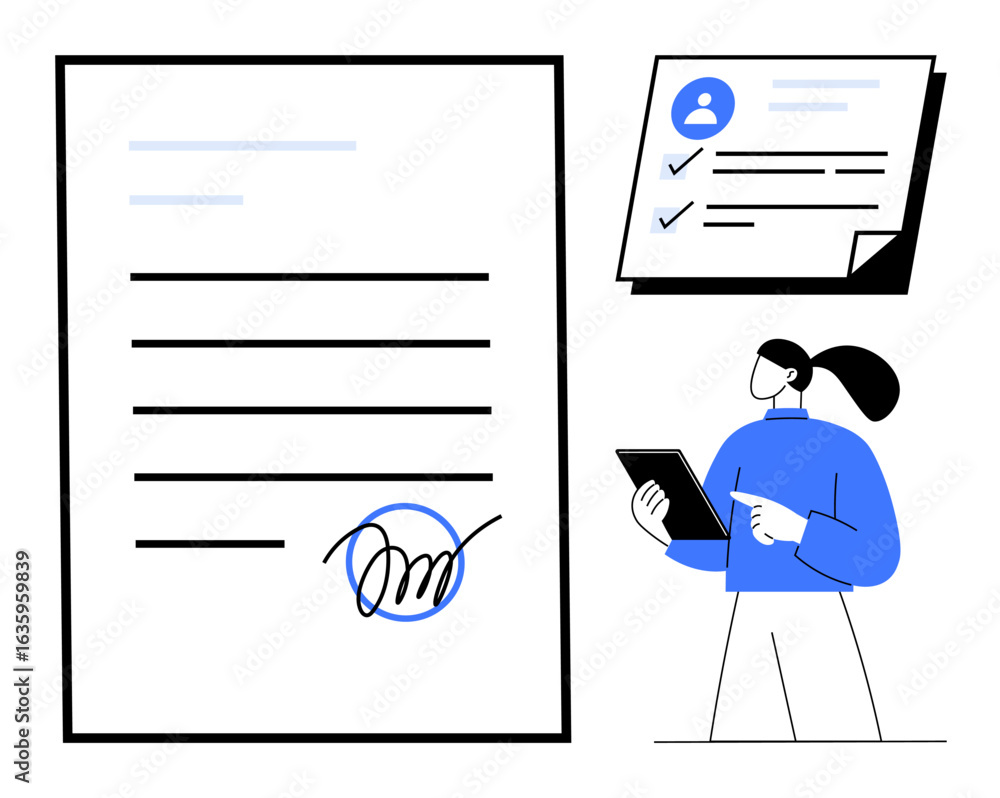 Poster large signed document with signature, profile verification checklist, and person reviewing data on t