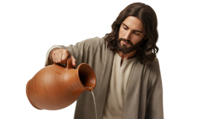 A man pouring water from a clay jug. Scene with jug of holy water for religious sacrament and baptism on transparent background.