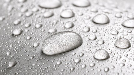 Water droplets cling to a silver surface, highlighted by light