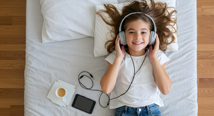 leisure, children and technology concept - girl in headphones lying on bed and listening to music at home