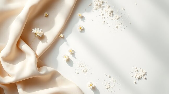 Photo of soft, draped silk fabric with scattered small white flowers and light shadows on a white background