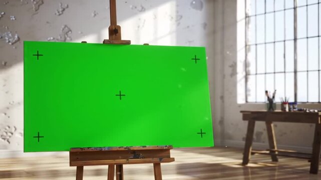 Artist's wooden easel holding a blank chromakey green screen with tracking markers in a sunlit loft studio.