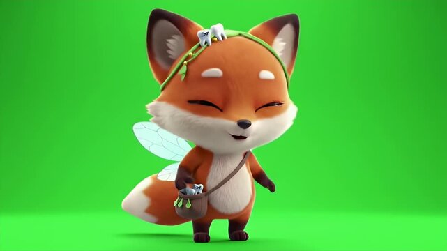 Adorable Animated Fox Character in 3D with Tooth Headdress and Satchel Standing on Vibrant Green Screen Background for Educational Content and Whimsical Designs Ready for Greenscreen Isolation