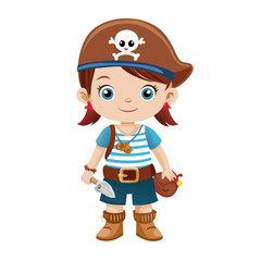 Cute Little Girl Pirate Character with Shovel and Treasure Bag Vector