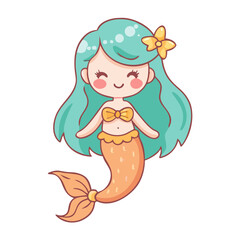 Adorable Kawaii Mermaid Character with Aqua Hair and Orange Tail