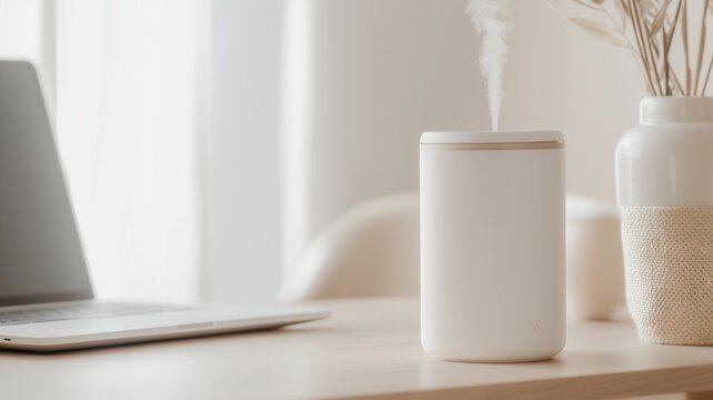 White air humidifier enhancing soft vapor near laptop and reed diffuser, releasing workspace comfort and wellness