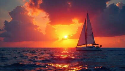 Dramatic sunset over a tranquil ocean with a sailboat silhouetted against the fiery sky Perfect for travel, nautical, and adventure themes , orange, yacht