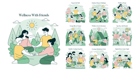 Wellness Activities with Friends Vector Illustration Set