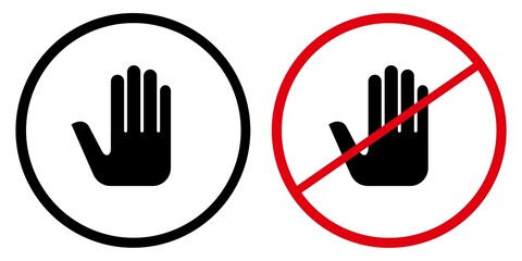 set of prohibited icons, hand stop sign, do not enter sign, no entry symbol, restriction sign, prohibition sign, entry sign, enter here sign