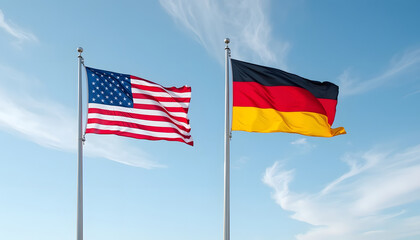 Fototapeta premium The American and German flags flutter gracefully against a clear, bright sky.