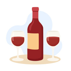 Elegant Display of Red Wine Bottle Surrounded by Two Crystal Glasses, Perfect for Celebrating Special Occasions or Enjoying a Relaxing Evening