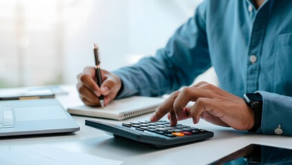 Fototapeta premium Doing finance, budgeting and tax calculation. Close up woman hand using calculator to calculate home finance, accounting with laptop computer on table, budget management, monthly expenses.