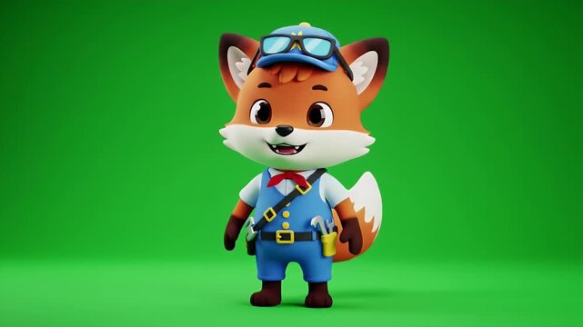 Animated Fox Character in Blue Overalls Standing Isolated on Green Screen Perfect for Decoration and Children's Animation in Full Shot Stock Video Animation with Adorable Cartoon Style