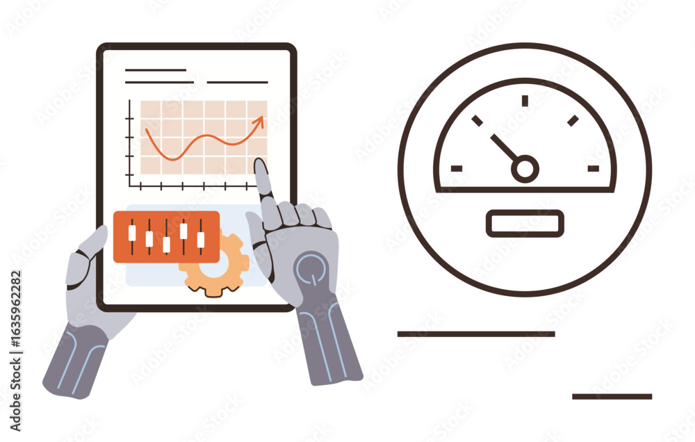 Poster robot hands interact with tablet displaying upward graph, battery, and gear near analog gauge. ideal