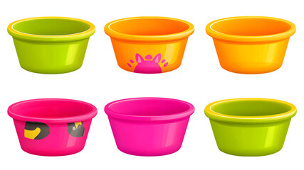 Colorful plastic bowls collection kitchen product photography indoor top-down view vibrant design