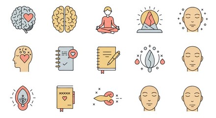 Collection of Mindfulness and Self-Care Iconography Representing Mental Wellbeing