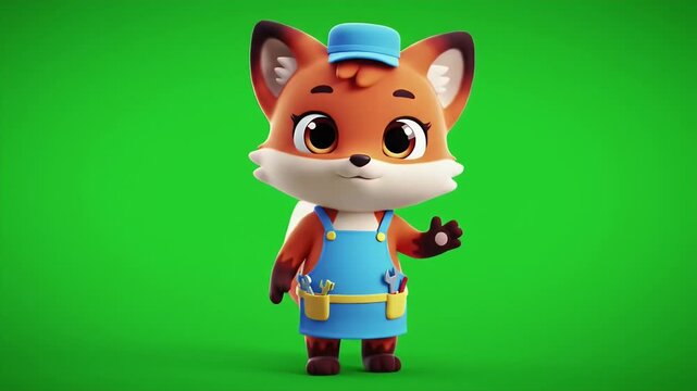 Animated Cartoon Fox Mechanic Character Waving with Cheerful Expression in Blue Overalls and Cap Isolated on Green Screen Perfect for Children Education Materials Stock Video