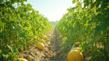 Melon Farm with Ripe Yellow Melons in Sunny Day. A well-maintained melon plantation with rows of ripe yellow melons growing under bright sunlight. Agricultural landscape showcasing fruit farming.