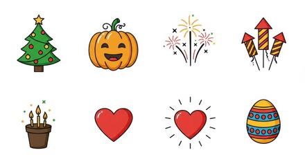 Fototapeta premium Collection of colorful holiday icons including christmas, halloween, easter and valentines day