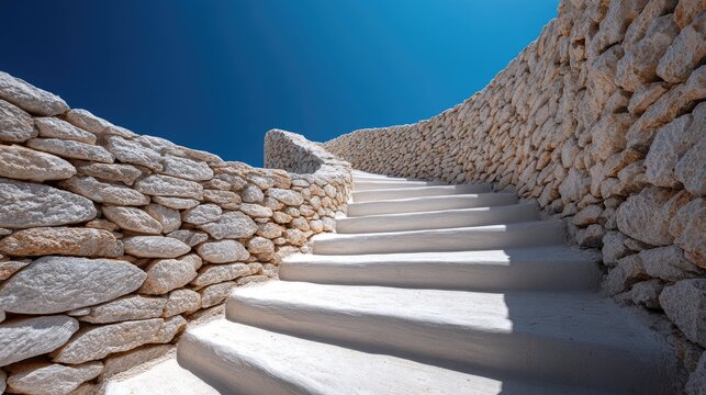 Spiral staircase with a stone wall backdrop under a vibrant blue sky. - Powered by Adobe