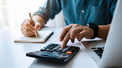 Doing finance, budgeting and tax calculation. Close up woman hand using calculator to calculate home finance, accounting with laptop computer on table, budget management, monthly expenses.