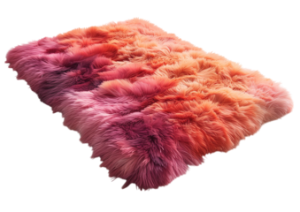 Faux sheepskin rug with uneven edges in sunset dye pink to red gradient Isolated on a transparent background