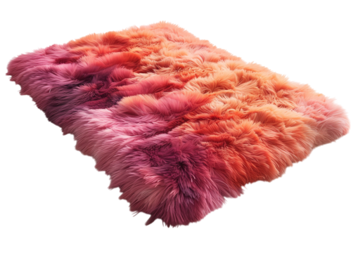 Faux sheepskin rug with uneven edges in sunset dye pink to red gradient Isolated on a transparent background