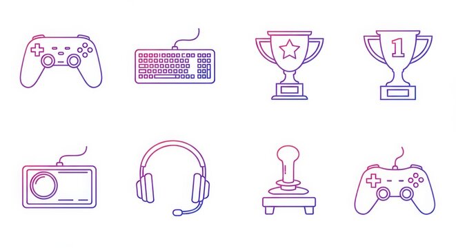 Outlined video game elements arranged in a grid pattern with violet gradient design