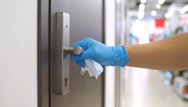 Gloved hand sanitizing door handle with wipe for hygiene and safety