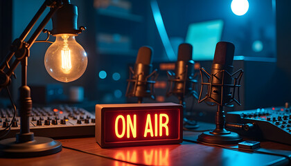 A professional radio studio is ready to record a podcast or broadcast on air.