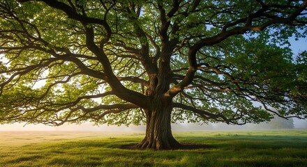 Obraz premium Majestic oak tree standing tall in a green field under a bright sky with sunlight