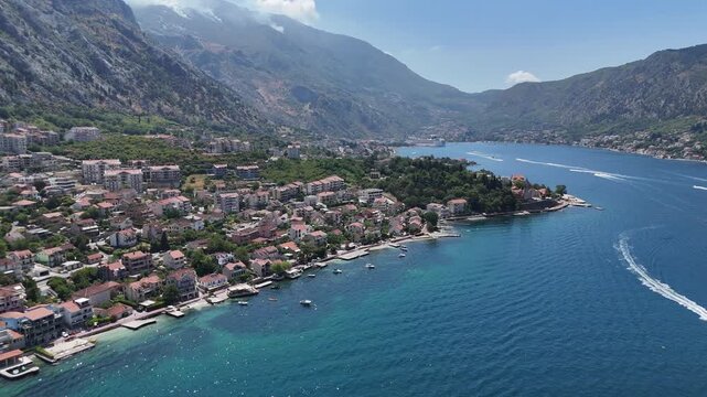 Aerial drone view bay of kotor old coastal town city montenegro balkan country balkans Adriatic Sea