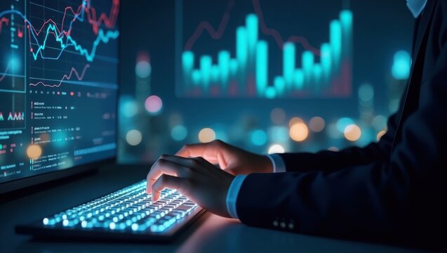 Professional working on futuristic dashboard with digital data and analytics overlay, illuminated keyboard and modern urban skyline behind.