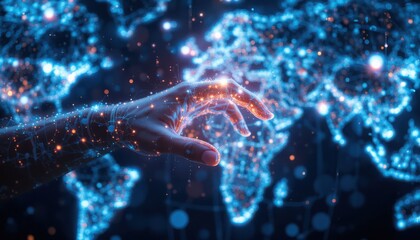 Digital hand made of glowing particles connects with human hand against a global network backdrop, symbolizing cyber-human interaction and tech evolution.