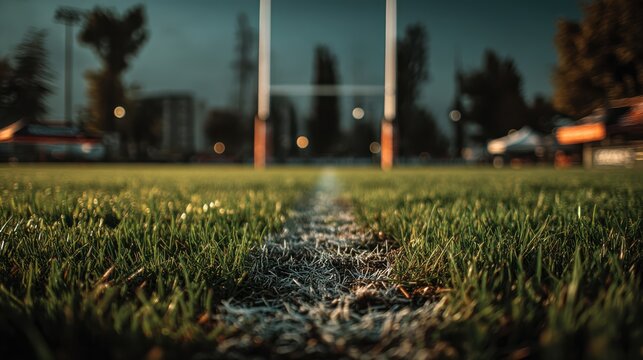 A close-up view of a rugby field, showcasing grass and goalposts, with a blurred background and moody lighting. - Powered by Adobe