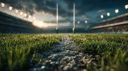 A dramatic view of a rugby field with goalposts, illuminated by stadium lights under a moody sky, highlighting the vibrant green grass.